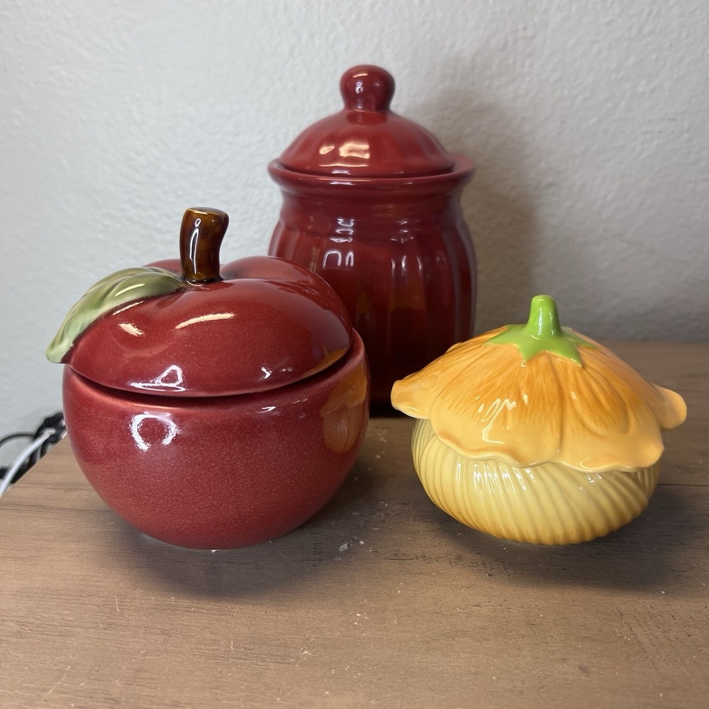 Vintage Ceramic Candle Jars Set of 3 Apple,‎ Pumpkin Flower & Red Canister READ